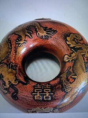 1940s Chinese Donut "Cho Zhu" Jewelry Box, Lacquered Wood Painted Dragon, Brass